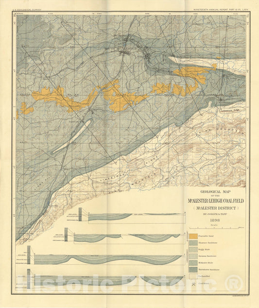 Map : Geology of the McAlester-Lehigh coal field, Indian Territory, accompanied by a report on the fossil plants, and a report on the Pa, 1899 Cartography Wall Art :