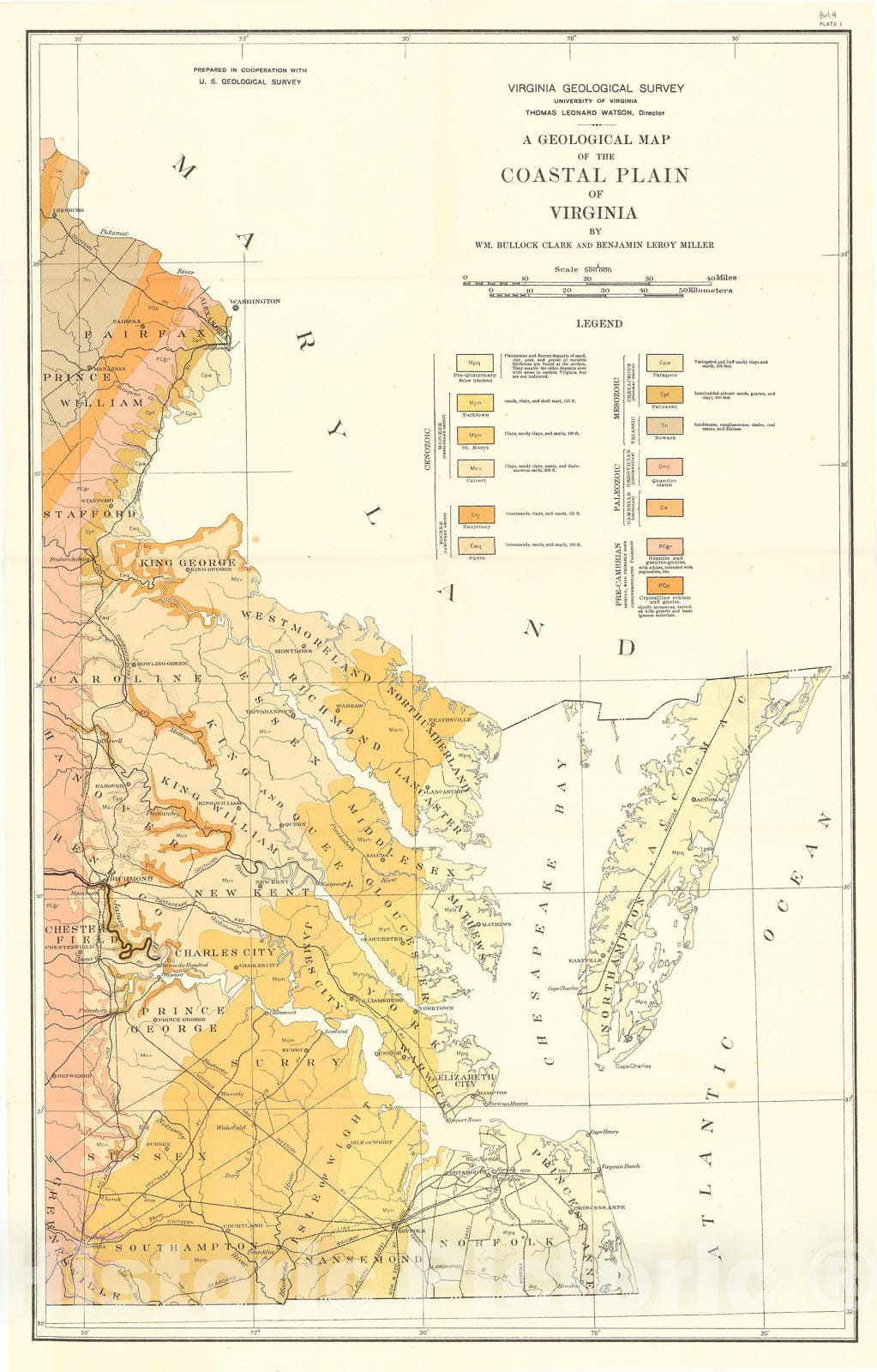 Map : The physiography and geology of the Coastal Plain province of Virginia, with chapters on the Lower Cretaceous , 1912 Cartography Wall Art :