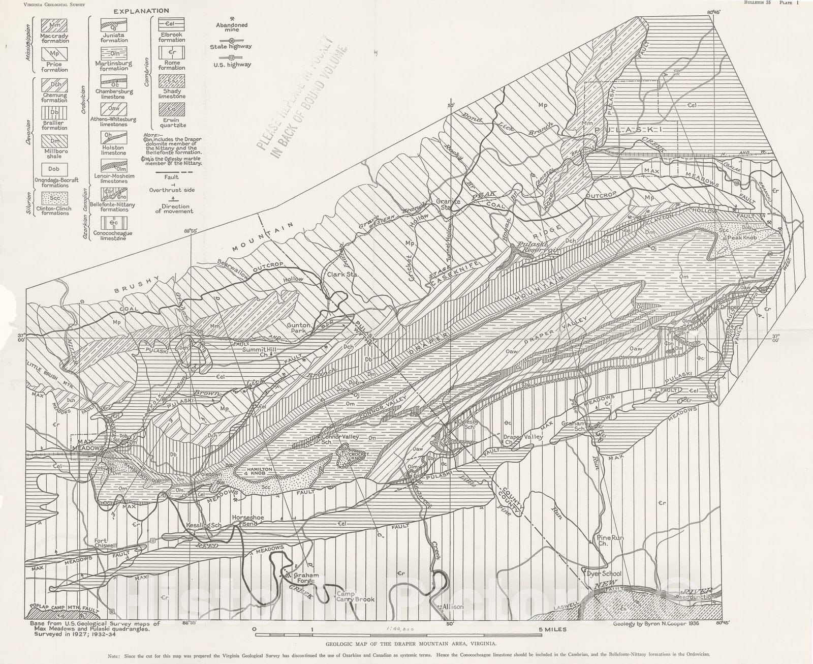 Map : Geology of the Draper Mountain area, Virginia, 1939 Cartography Wall Art :