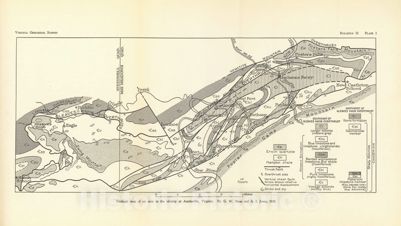 Map : A southeastern limestone facies of the Lower Cambrian dolomite in Wythe and Carroll Counties, Virginia, 1939 Cartography Wall Art :
