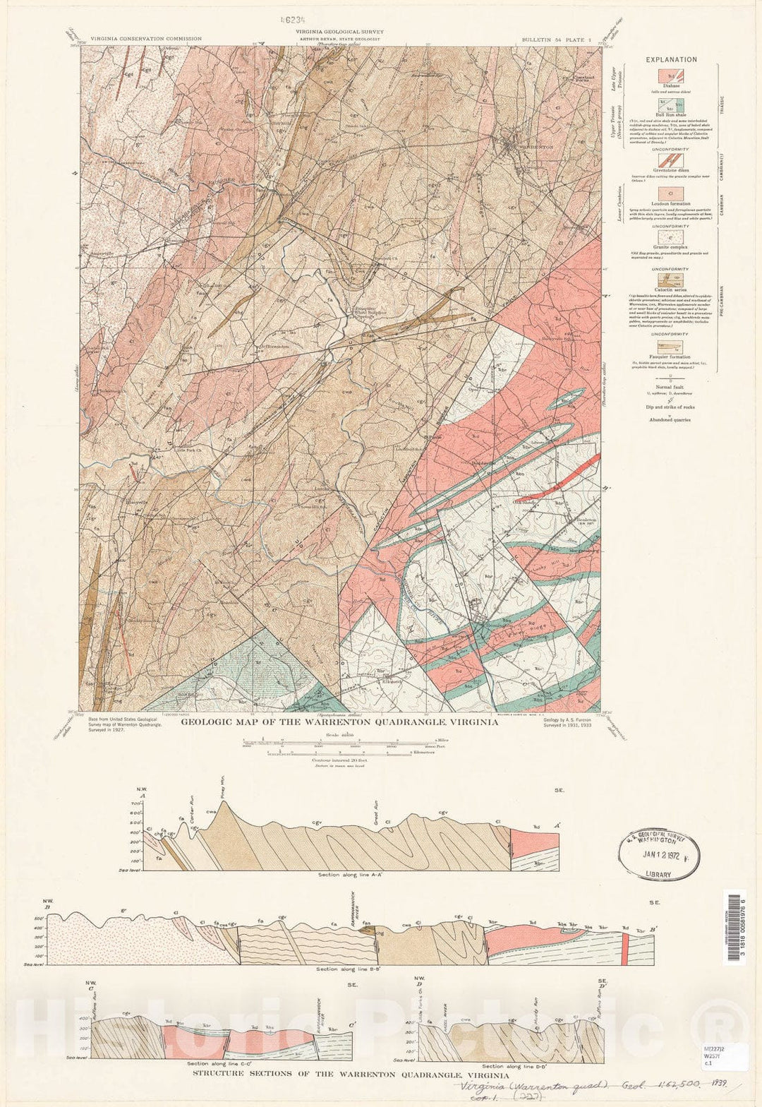 Map : Geology and mineral resources of the Warrenton quadrangle, Virginia, 1939 Cartography Wall Art :