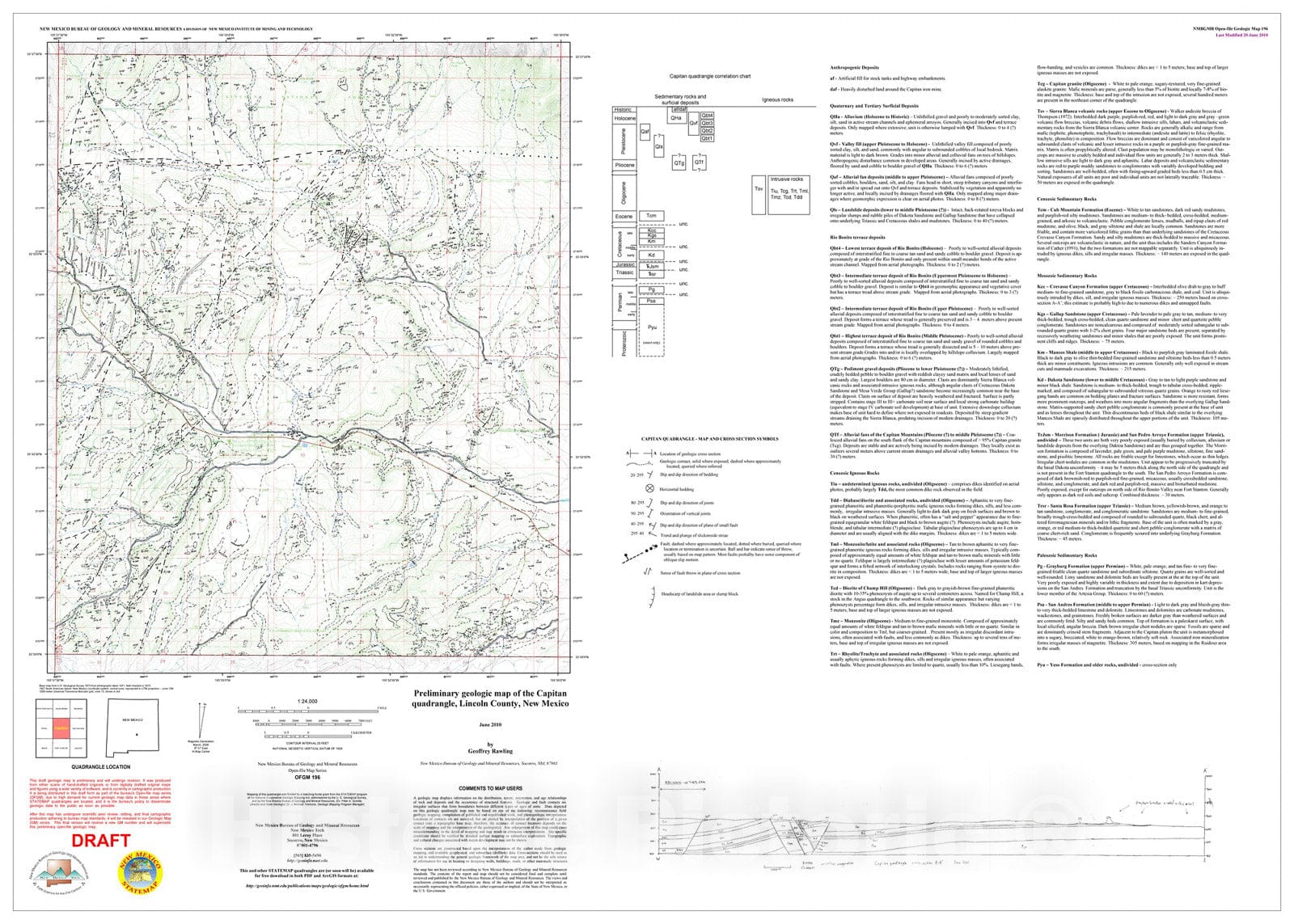 Map : Preliminary geologic map of the Capitan quadrangle, Lincoln County, New Mexico, 2010 Cartography Wall Art :