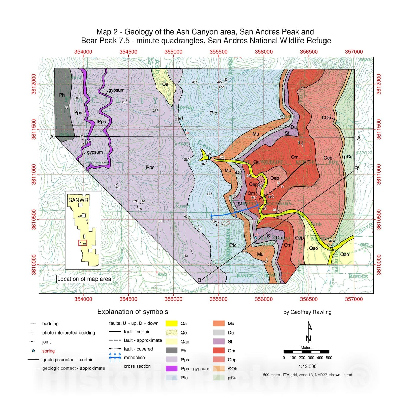 Map : Geology of the Ash Canyon area, San Andres Peak and Bear Peak 7.5-minute quadrangles, San Andres National Wildlife Refuge, 2005 Cartography Wall Art :