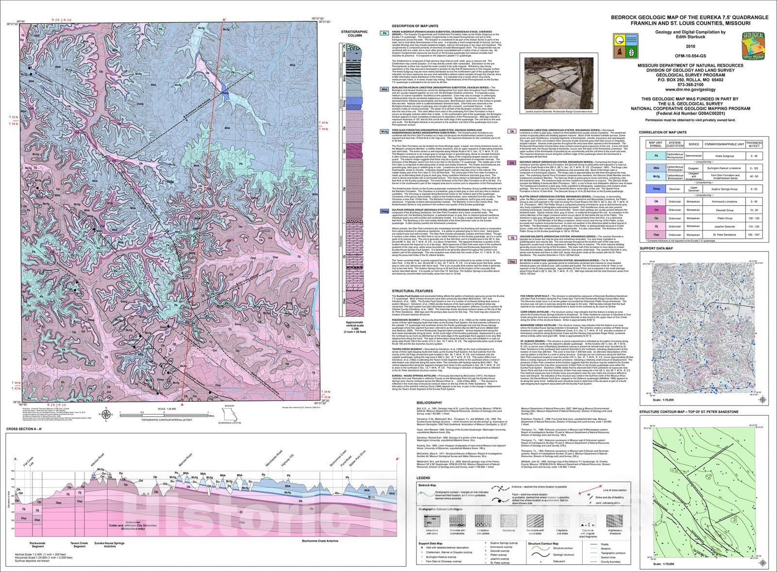 Map : Bedrock geologic map of the Eureka 7.5' quadrangle Franklin and St. Louis Counties, Missouri, 2010 Cartography Wall Art :