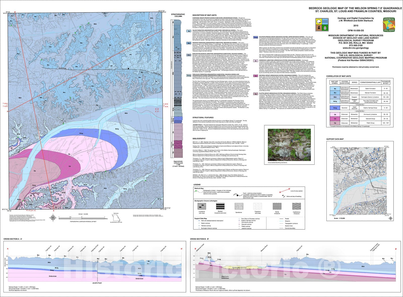 Map : Bedrock geologic map of the Weldon Spring 7.5' quadrangle St. Charles, St. Louis and Franklin counties, Missouri, 2010 Cartography Wall Art :