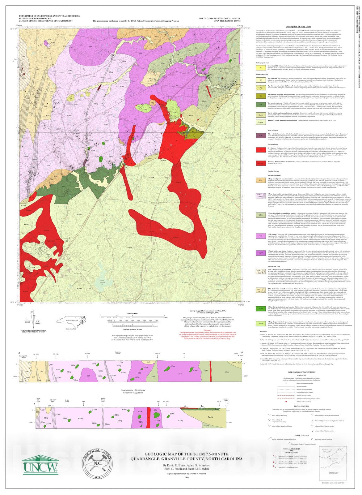 Map : Geologic map of the Stem 7.5-minute quadrangle, Granville County, North Carolina, 2009 Cartography Wall Art :