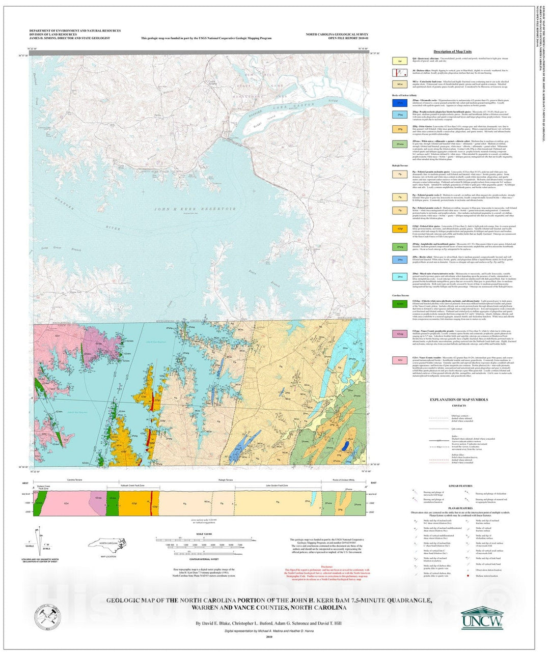 Map : Geologic map of the North Carolina portion of the John H. Kerr Dam 7.5-minute quadrangle, Warren and Vance Counties, North Carolina, 2010 Cartography Wall Art :