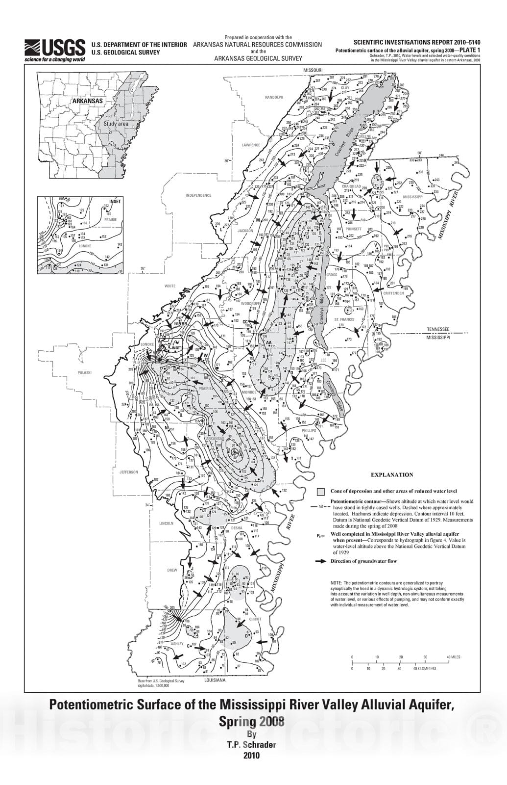 Map : Water levels and selected water-quality conditions in the Mississippi River Valley alluvial aquifer in eastern Arkansas, 2008, 2010 Cartography Wall Art :
