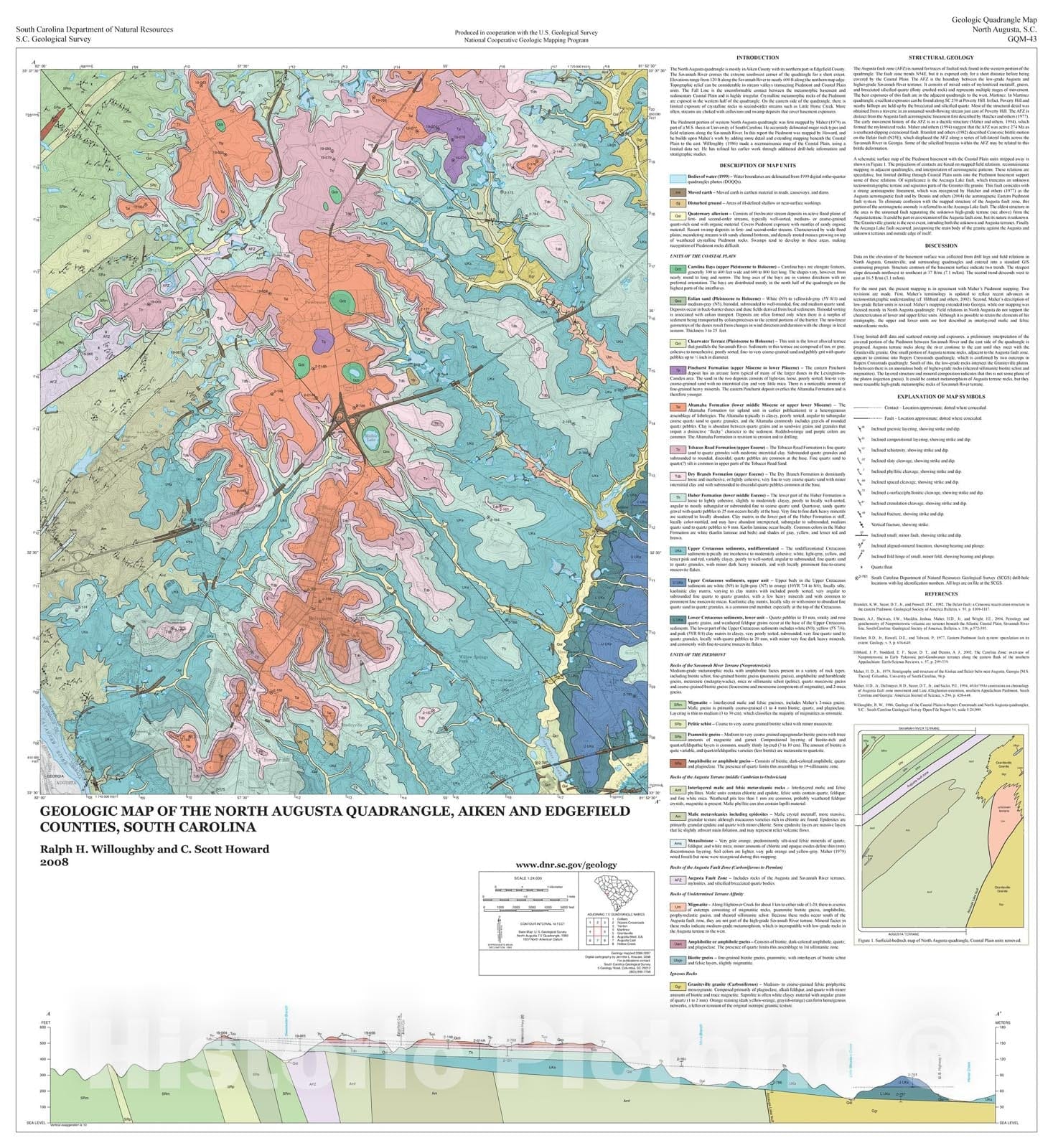 Map : Geologic map of the North Augusta quadrangle, Aiken and Edgefield counties, South Carolina, 2008 Cartography Wall Art :