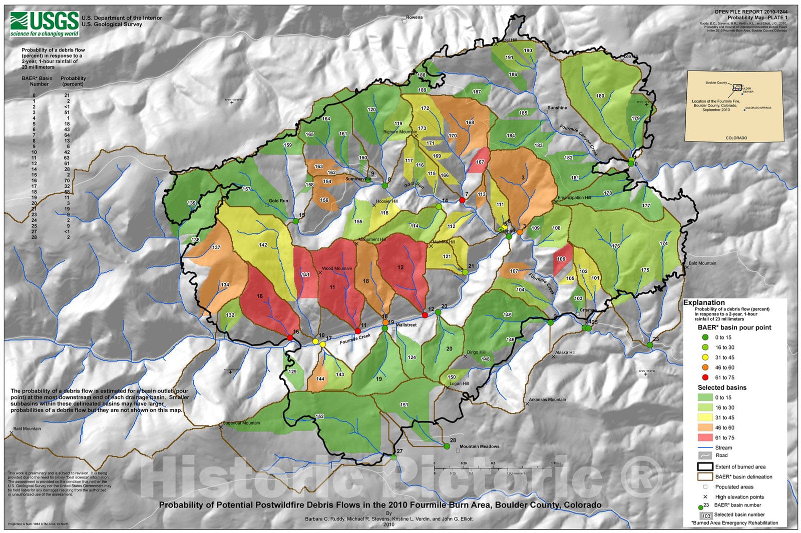 Map : Probability and volume of potential postwildfire debris flows in the 2010 Fourmile burn area, Boulder County, Colorado, 2010 Cartography Wall Art :