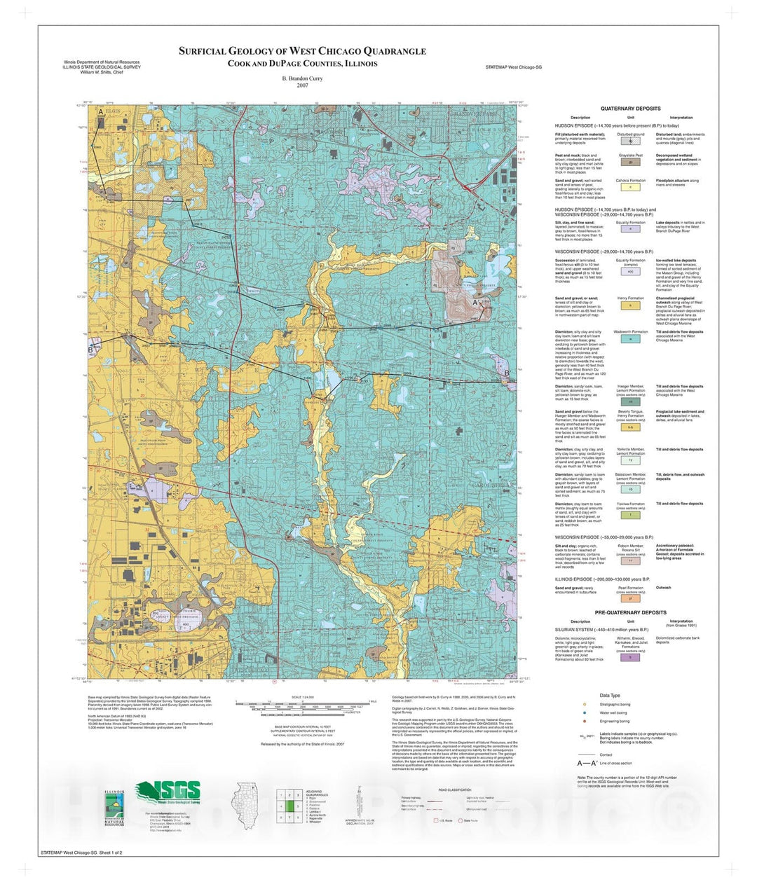 Map : Surficial geology of West Chicago Quadrangle, 2007 Cartography Wall Art :