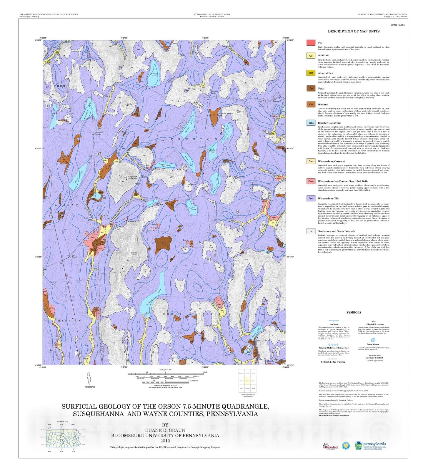 Map : Surficial geology of the Orson 7.5-minute quadrangle, Susquehanna and Wayne Counties, Pennsylvania, 2010 Cartography Wall Art :
