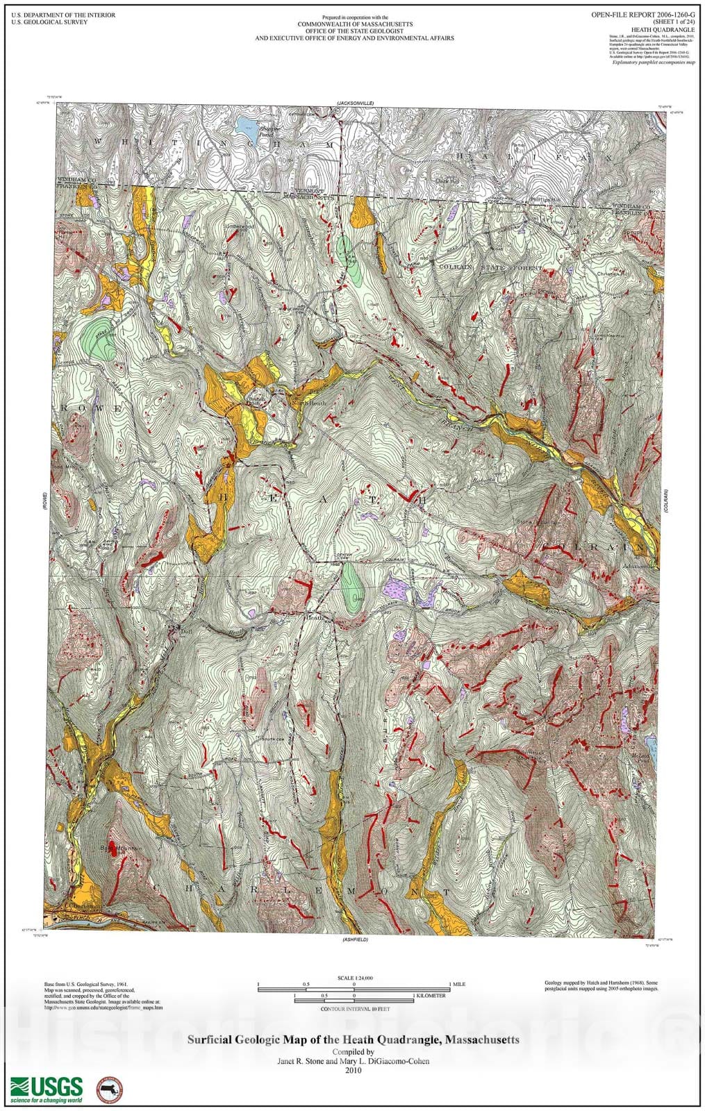Map : Surficial geologic map of the Heath-Northfield-Southwick-Hampden 24-quadrangle area of the Connecticut Valley region, west-central Massachusetts, 2010 Cartography Wall Art :