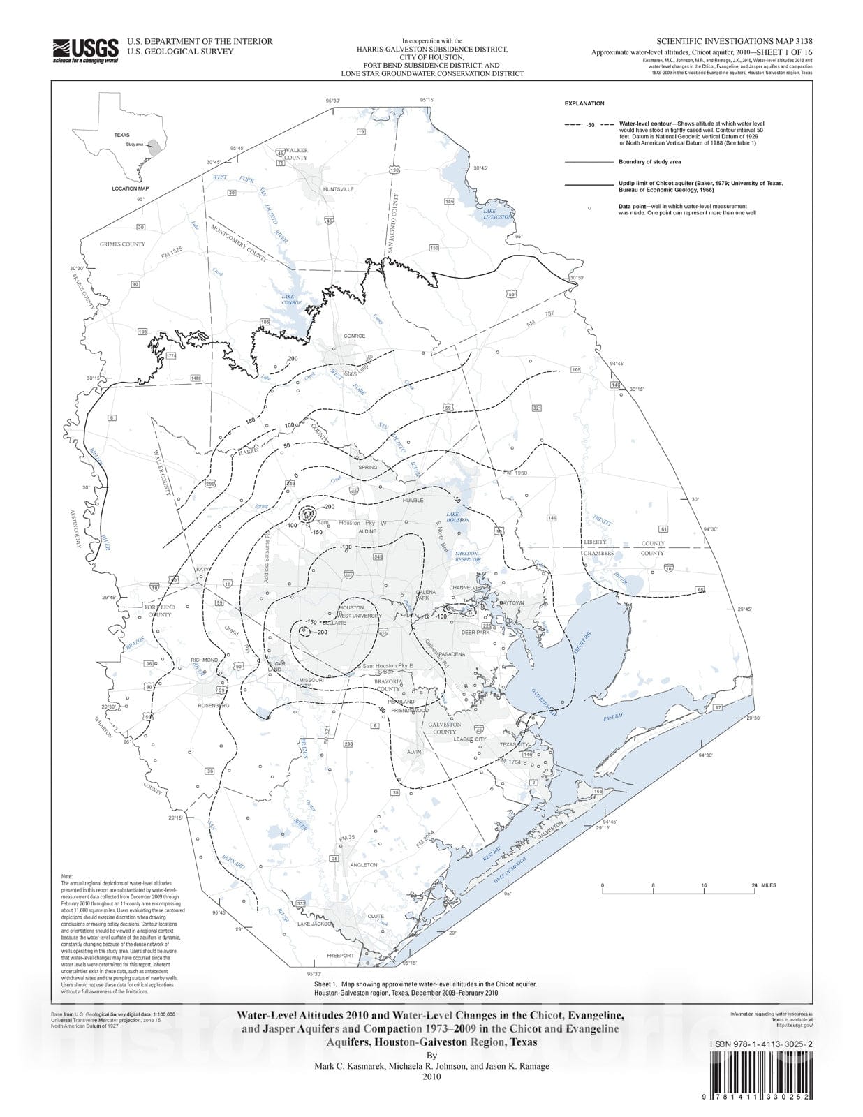 Map : Water-level altitudes 2010 and water-level changes Chicot, Evangeline, and Jasper aquifers and compaction 1973-2009, 2010 Cartography Wall Art :