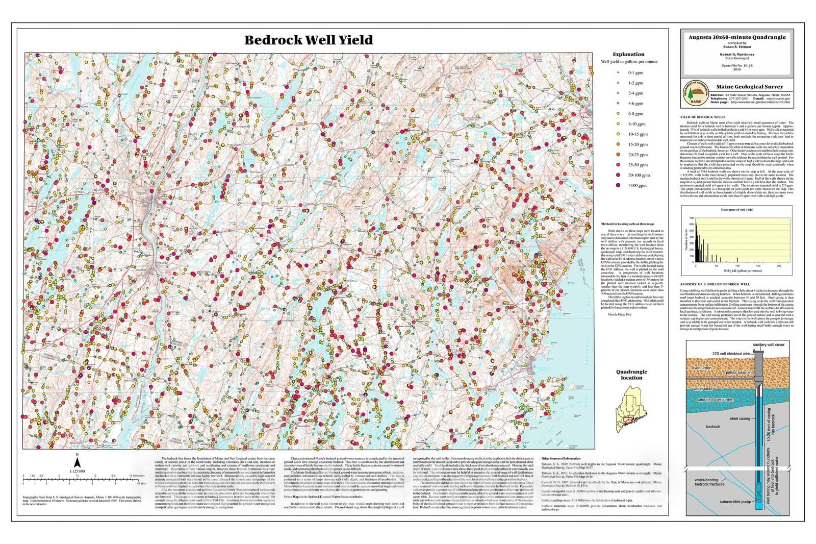 Map : Bedrock well yields in the Augusta 30x60-minute quadrangle, Maine, 2010 Cartography Wall Art :