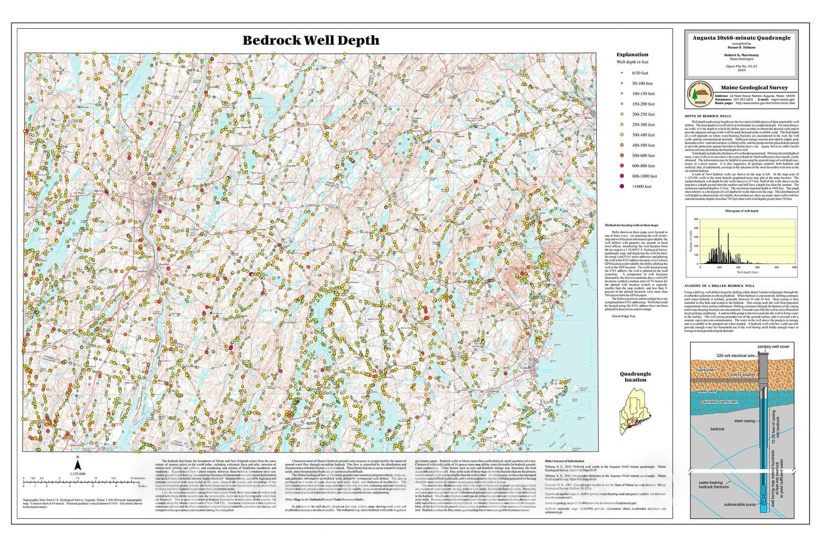 Map : Bedrock well depths in the Augusta 30x60-minute quadrangle, Maine, 2010 Cartography Wall Art :