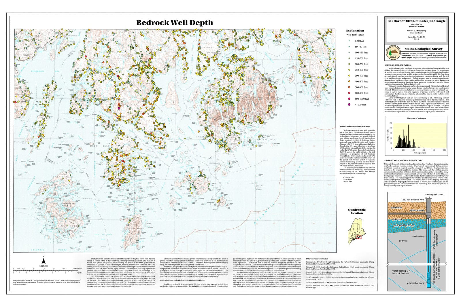 Map : Bedrock well depths in the Bar Harbor 30x60-minute quadrangle, Maine, 2010 Cartography Wall Art :