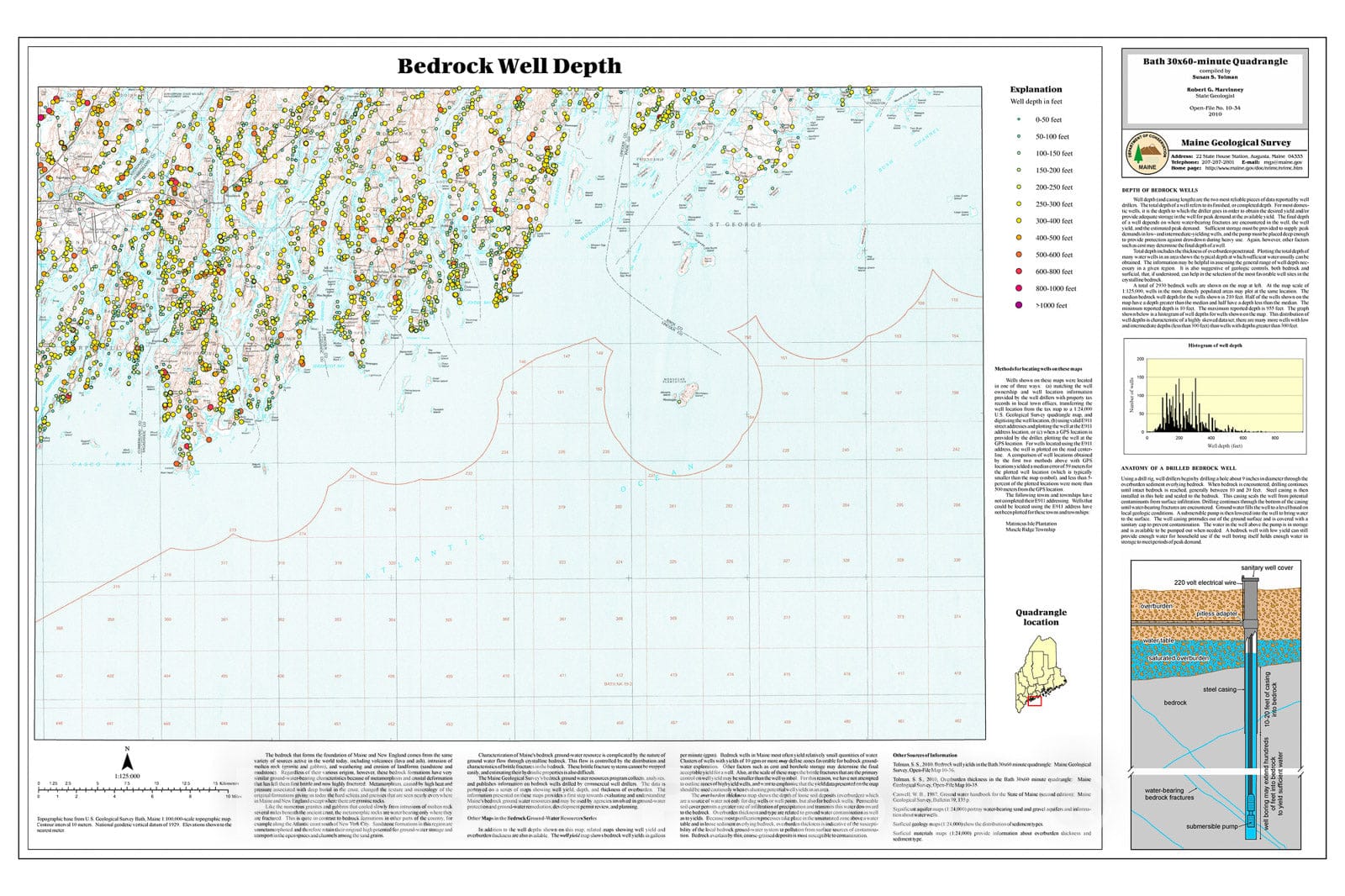 Map : Bedrock well depths in the Bath 30x60-minute quadrangle, Maine, 2010 Cartography Wall Art :