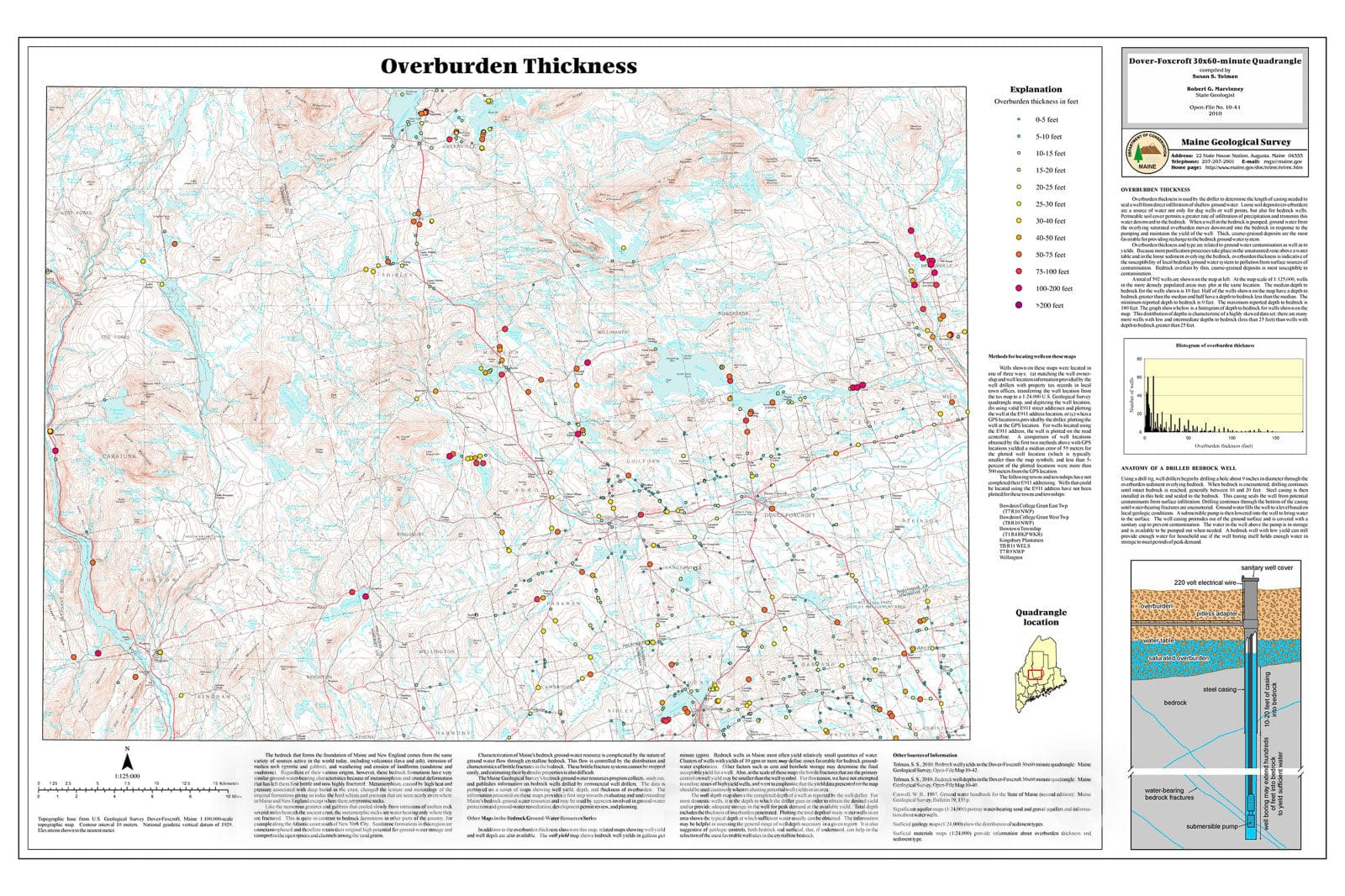 Map : Overburden thickness in the Dover-Foxcroft 30x60-minute quadrangle, Maine, 2010 Cartography Wall Art :