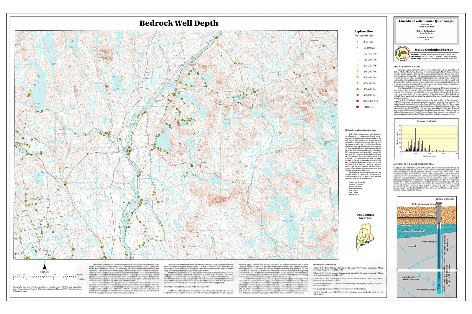 Map : Bedrock well depths in the Lincoln 30x60-minute quadrangle, Maine, 2010 Cartography Wall Art :