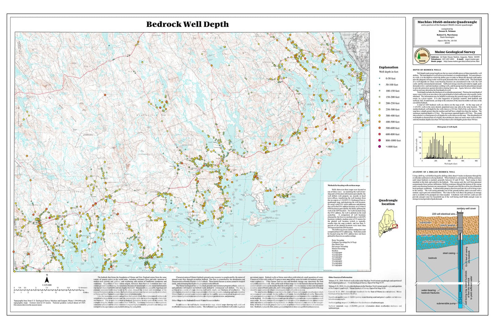 Map : Bedrock well depths in the Machias 30x60-minute quadrangle and a portion of the Eastport 30x60-minute quadrangle, Maine, 2010 Cartography Wall Art :