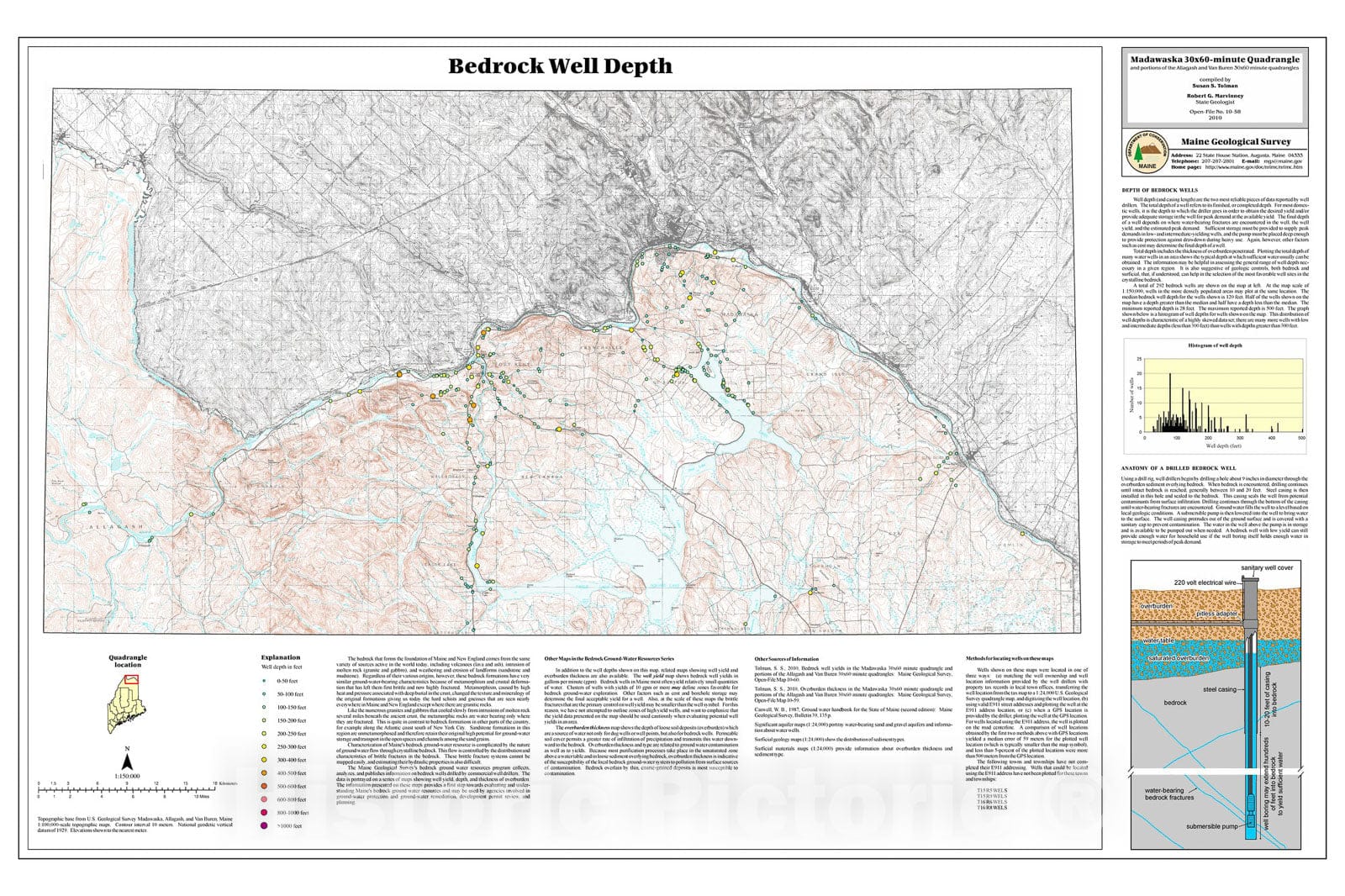 Map : Bedrock well depths in the Madawaska 30x60-minute quadrangle and portions of the Allagash and Van Buren 30x60-minute quadrangles, Maine, 2010 Cartography Wall Art :