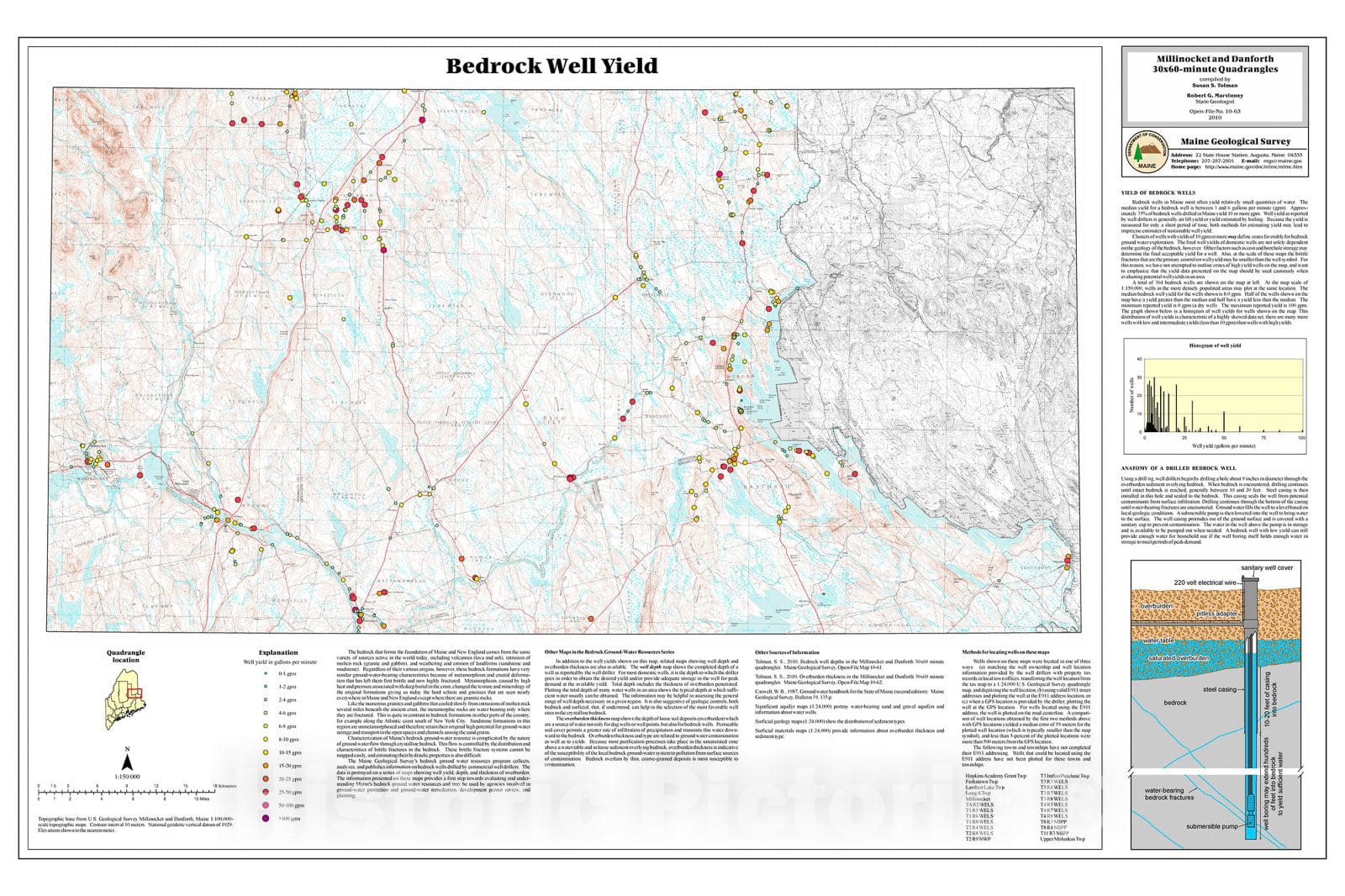 Map : Bedrock well yields in parts of the Millinocket and Danforth 30x60-minute quadrangles, Maine, 2010 Cartography Wall Art :