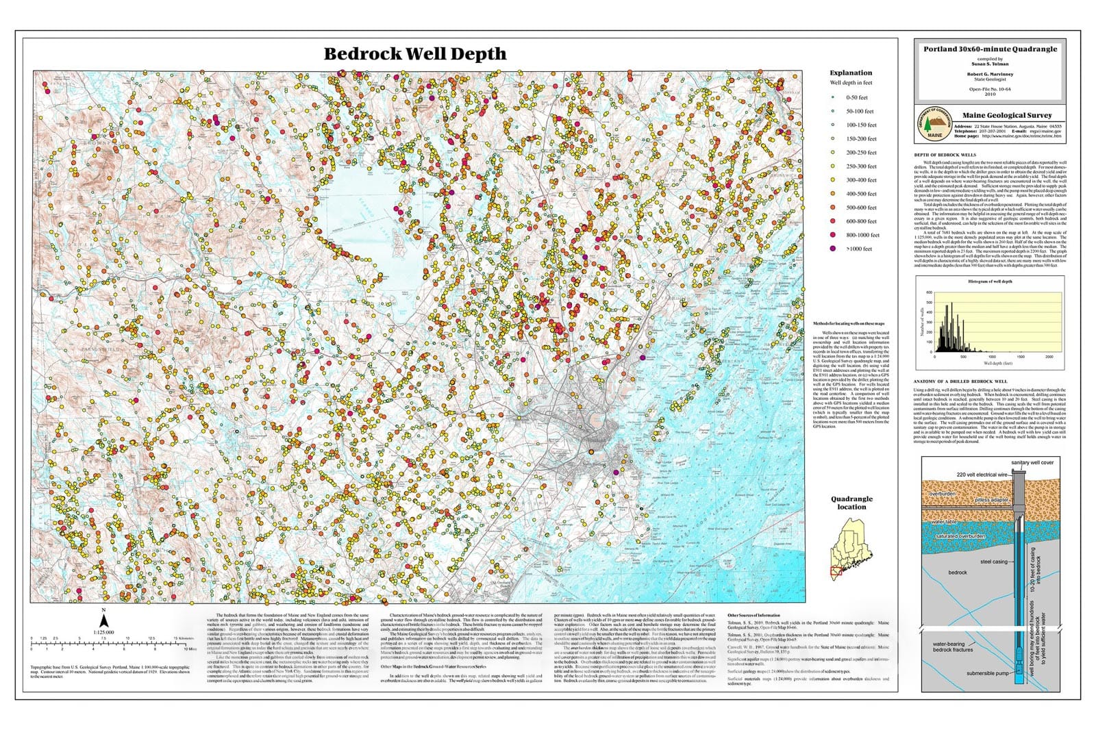 Map : Bedrock well depths in the Portland 30x60-minute quadrangle, Maine, 2010 Cartography Wall Art :