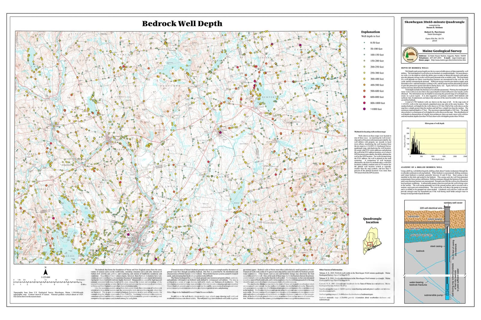 Map : Bedrock well depths in the Skowhegan 30x60-minute quadrangle, Maine, 2010 Cartography Wall Art :