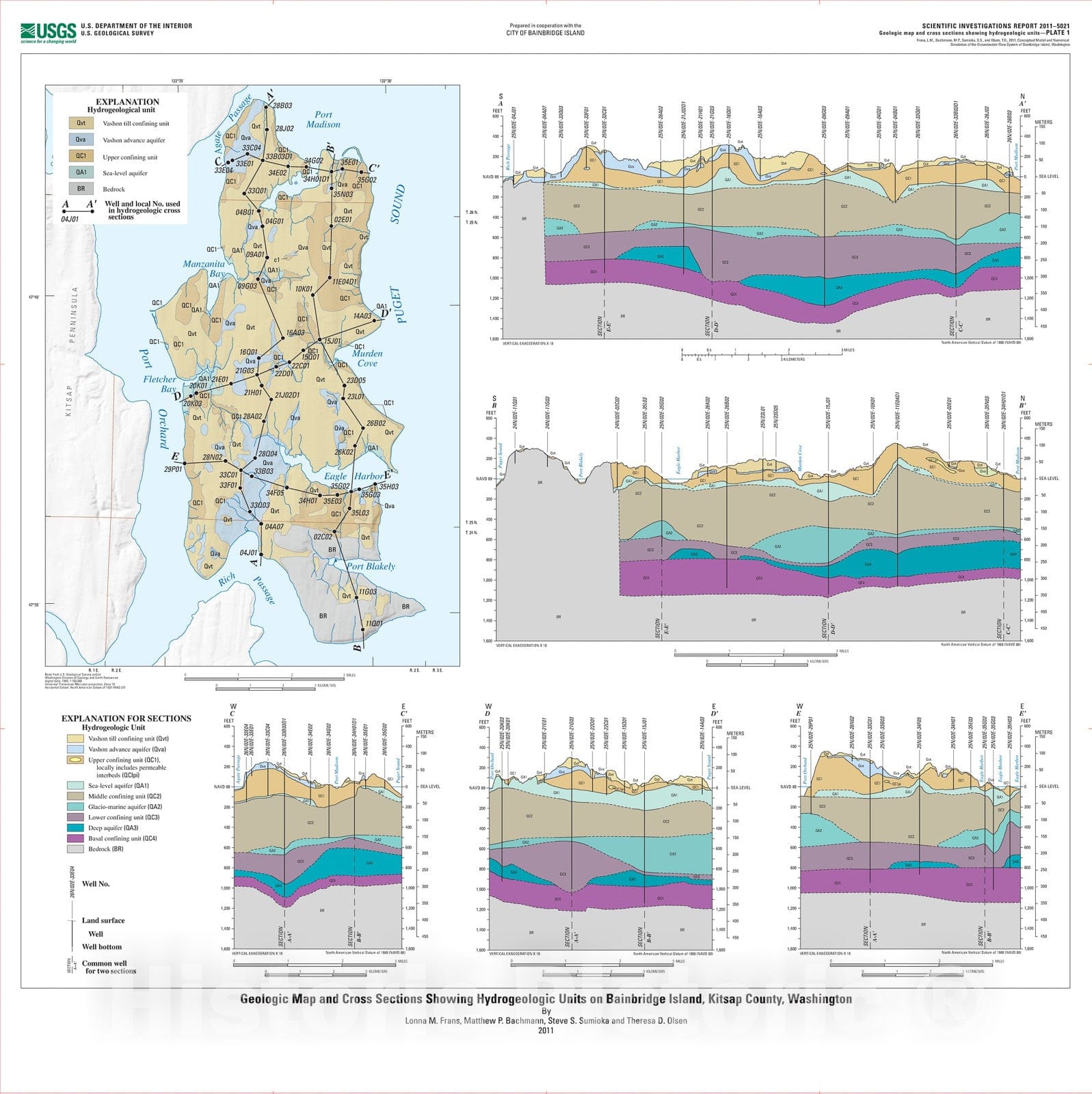 Map : Conceptual model and numerical simulation of the groundwater-flow system of Bainbridge Island, Washington, 2011 Cartography Wall Art :