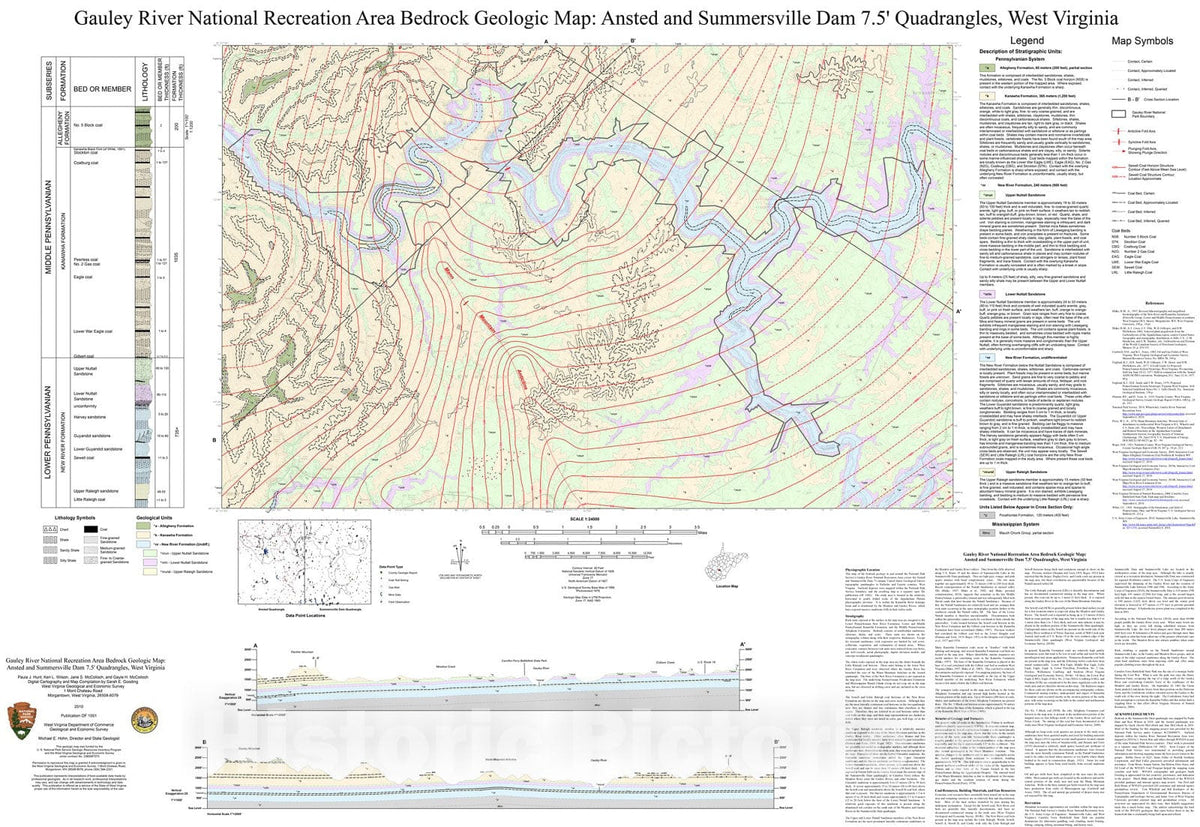 Map : Gauley River National Recreation Area Bedrock Geologic Map: Ansted and Summersville Dam 7.5' Quadrangles, West Virginia, 2010 Cartography Wall Art :
