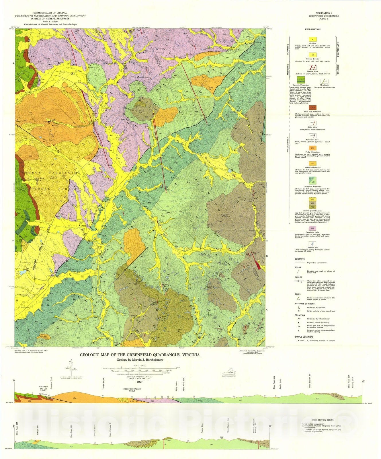 Map : Geology of the Greenfield and Sherando quadrangles, Virginia, 1977 Cartography Wall Art :