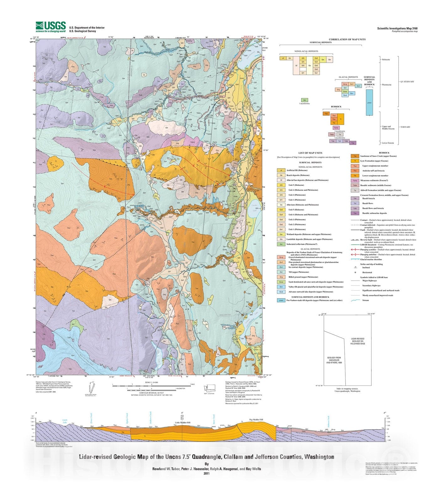 Map : Lidar-revised geologic map of the Uncas 7.5' quadrangle, Clallam and Jefferson Counties, Washington, 2011 Cartography Wall Art :