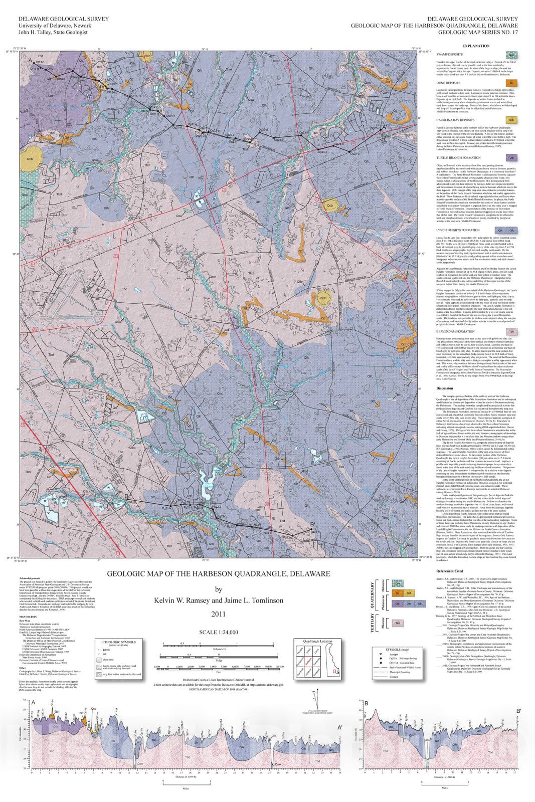 Map : Geologic map of the Harbeson quadrangle, Delaware, 2011 Cartography Wall Art :