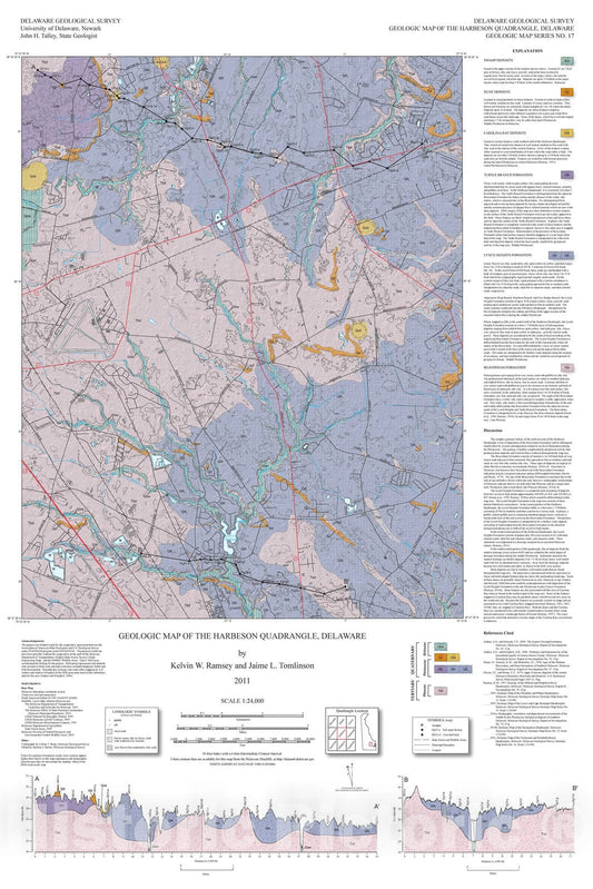 Map : Geologic map of the Harbeson quadrangle, Delaware, 2011 Cartography Wall Art :