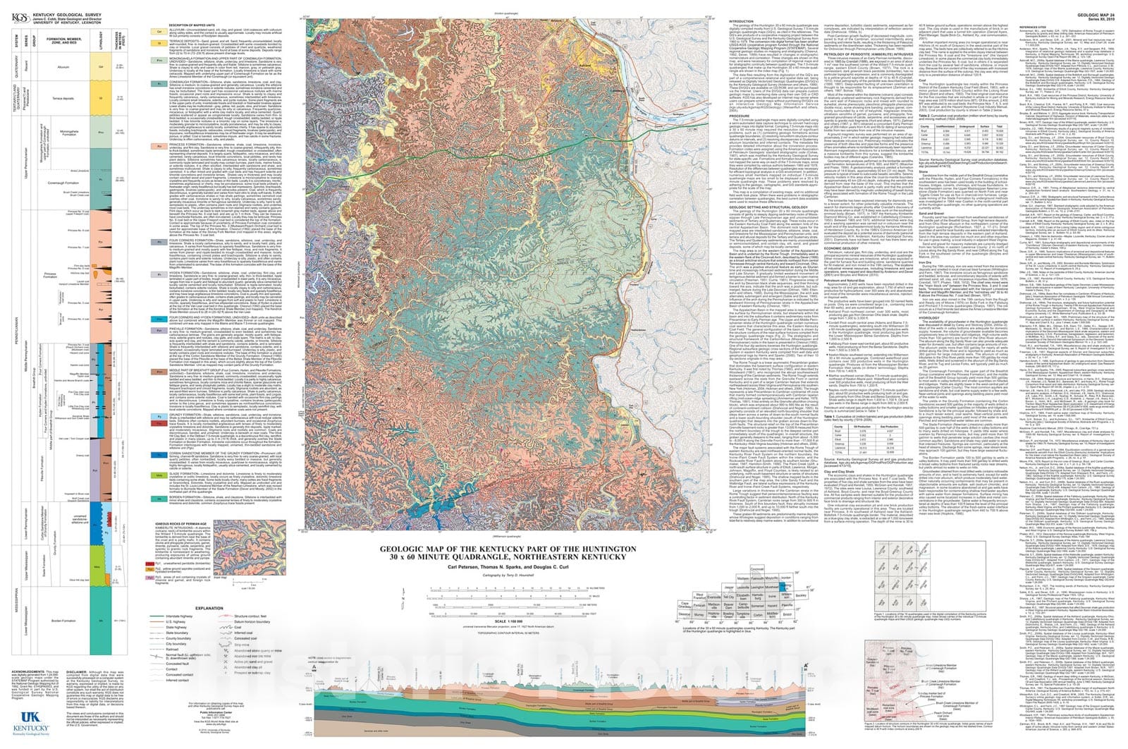 Map : Geologic map of the Kentucky part of the Huntington thirty x sixty minute quadrangle, northeastern Kentucky, 2010 Cartography Wall Art :