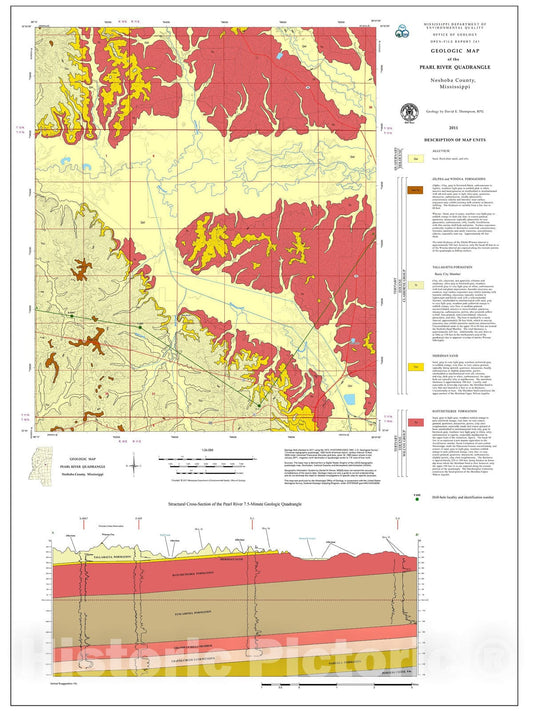 Map : Geologic map of the Pearl River quadrangle, Neshoba County, Mississippi, 2011 Cartography Wall Art :