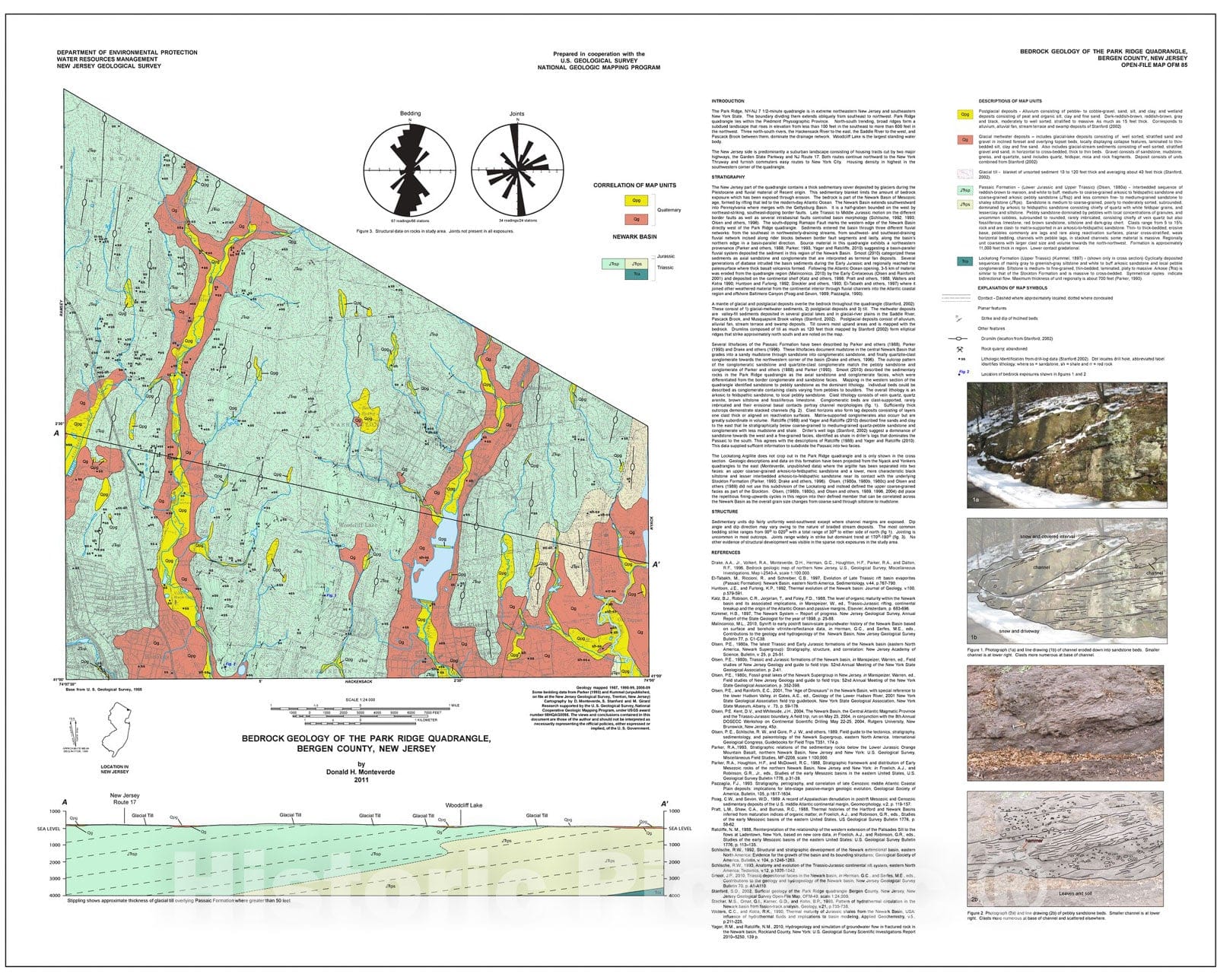 Map : Bedrock geology of the Park Ridge quadrangle, Bergen County, New Jersey, 2011 Cartography Wall Art :