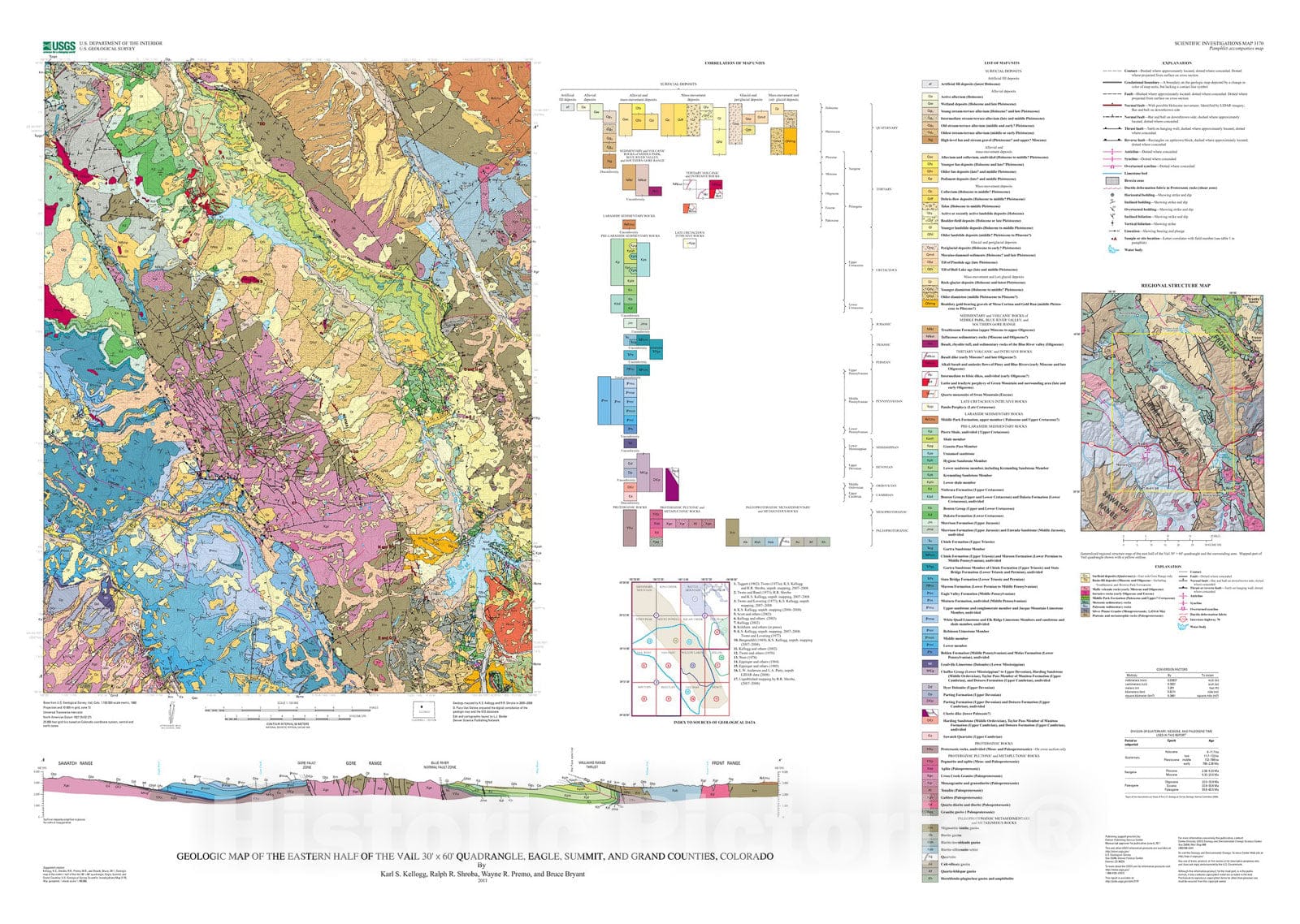 Map : Geologic map of the eastern half of the Vail 30' x 60' quadrangle, Eagle, Summit, and Grand Counties, Colorado, 2011 Cartography Wall Art :