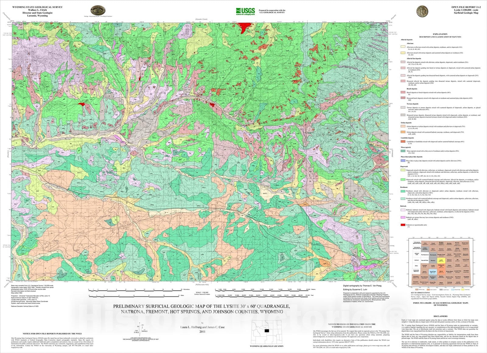 Map : Preliminary Surficial Geologic Map of the Lysite 30'x 60' Quadrangle, Natrona, Fremont, Hot Springs, and Johnson Counties, Wyoming, 2011 Cartography Wall Art :