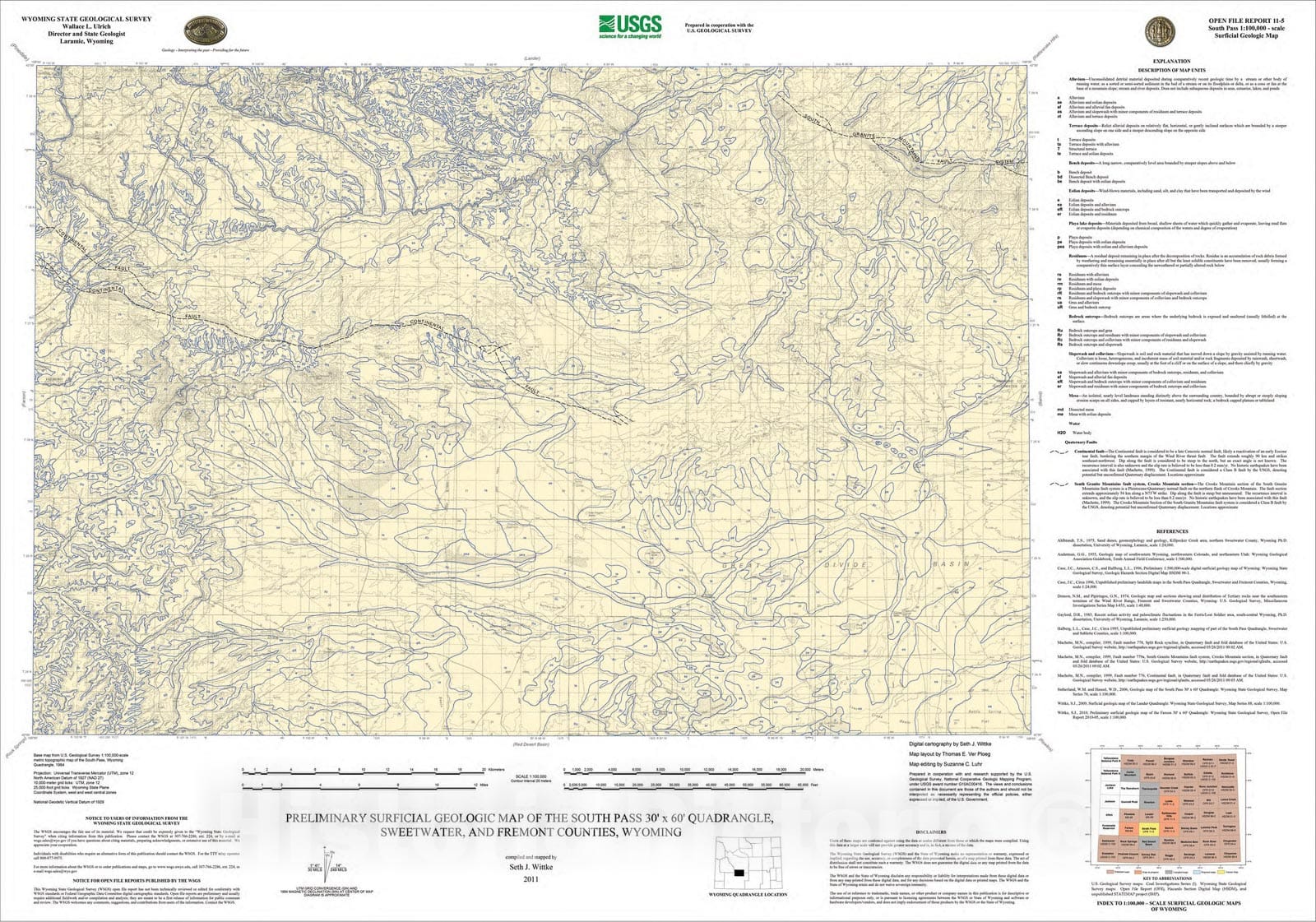 Map : Preliminary surficial geologic map of the South Pass 30' x 60' quadrangle, Sweetwater and Fremont Counties, Wyoming, 2011 Cartography Wall Art :