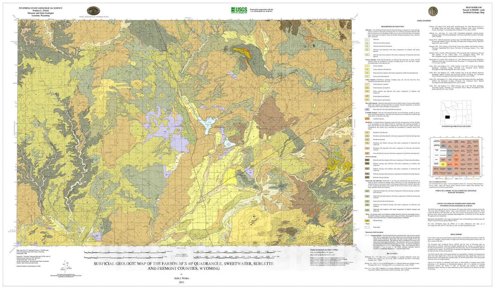 Map : Surficial geologic map of the Farson 30' x 60' quadrangle, Sweetwater, Sublette and Fremont Counties, Wyoming, 2011 Cartography Wall Art :