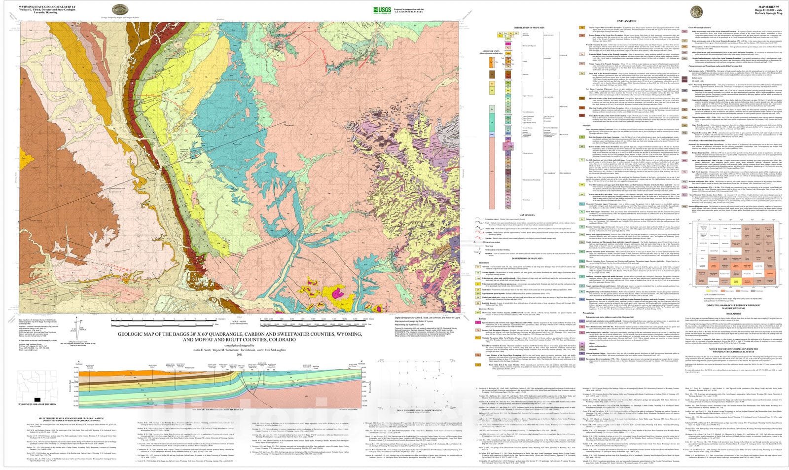 Map : Geologic Map of the Baggs 30' x 60' Quadrangle, Carbon and Sweetwater Counties, Wyoming, and Moffat and Routt Counties, Colorado, 2011 Cartography Wall Art :