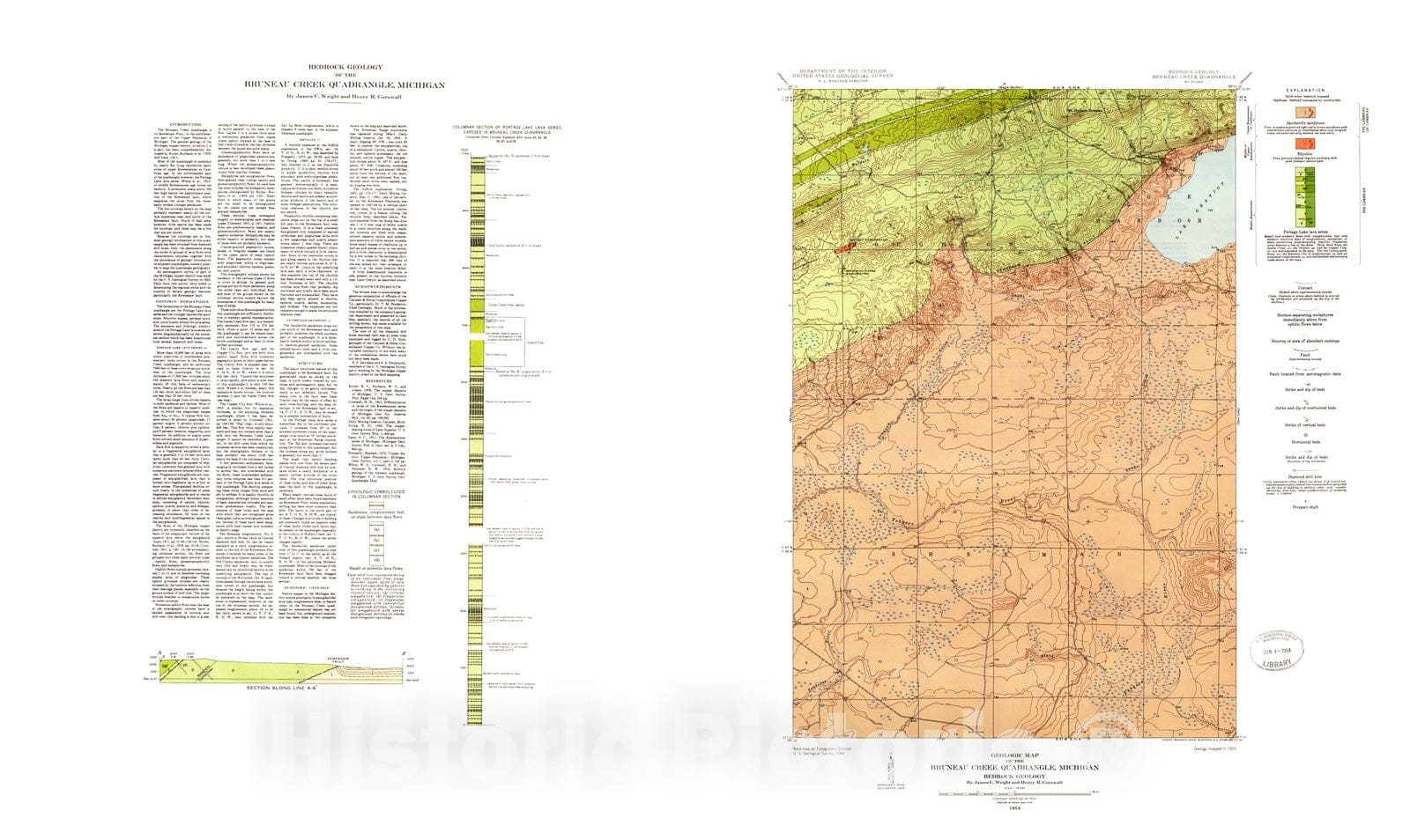Map : Bedrock geology of the Bruneau Creek quadrangle, Michigan, 1954 Cartography Wall Art :