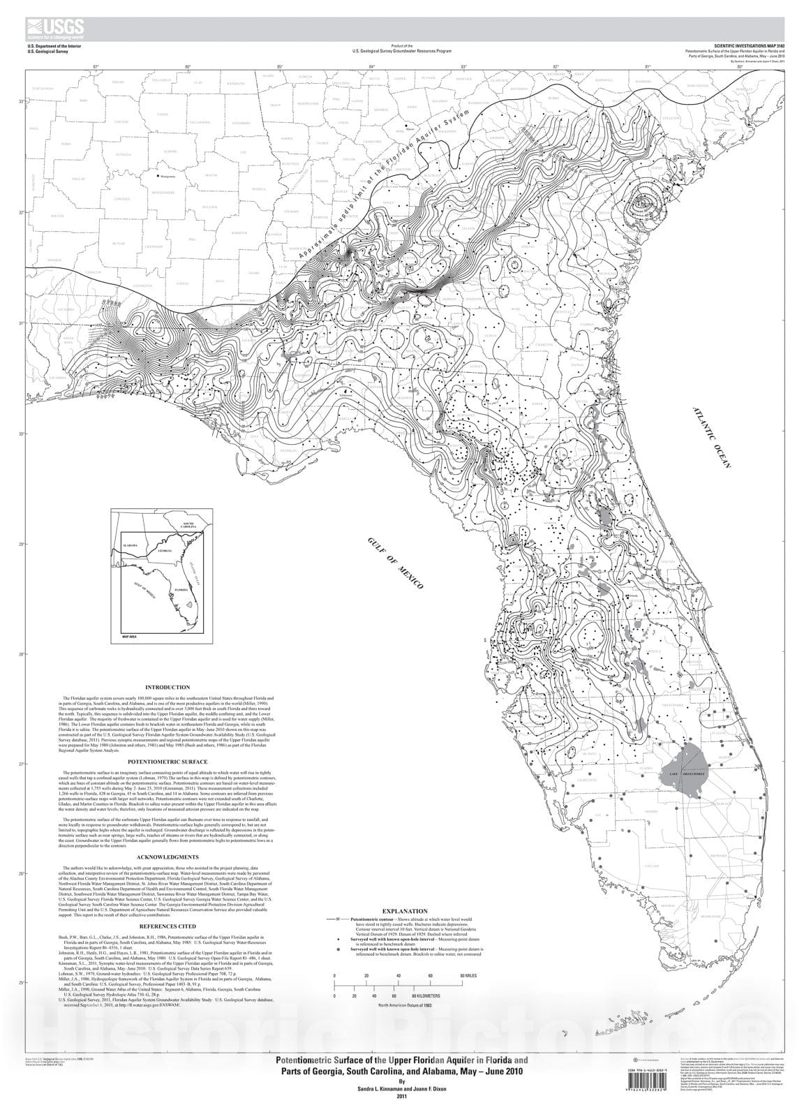 Map : Potentiometric surface of the Upper Floridan aquifer in Florida and parts of Georgia, South Carolina, and Alabama, May-June 2010, 2011 Cartography Wall Art :