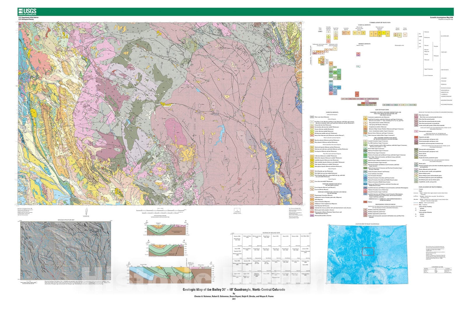 Map : Geologic map of the Bailey 30' x 60' quadrangle, north-central Colorado, 2011 Cartography Wall Art :
