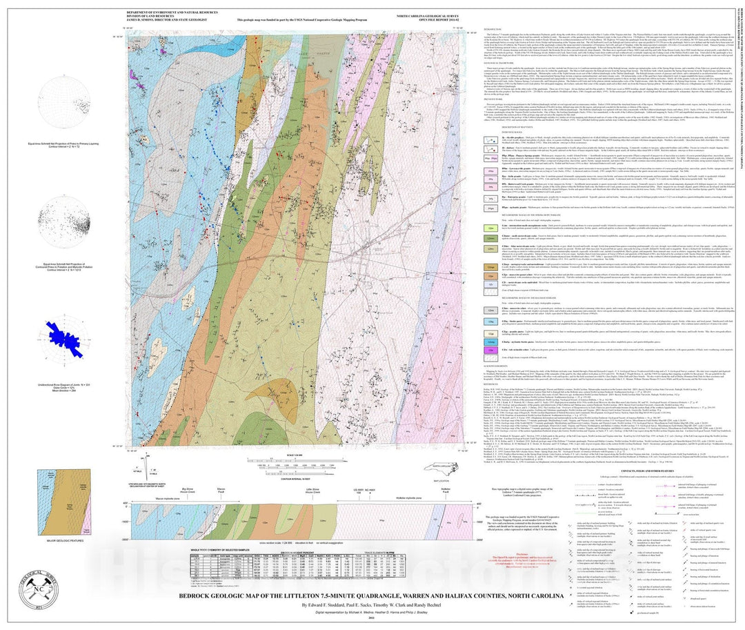 Map : Bedrock geologic map of the Littleton 7.5-minute quadrangle, Warren and Halifax Counties, North Carolina, 2011 Cartography Wall Art :