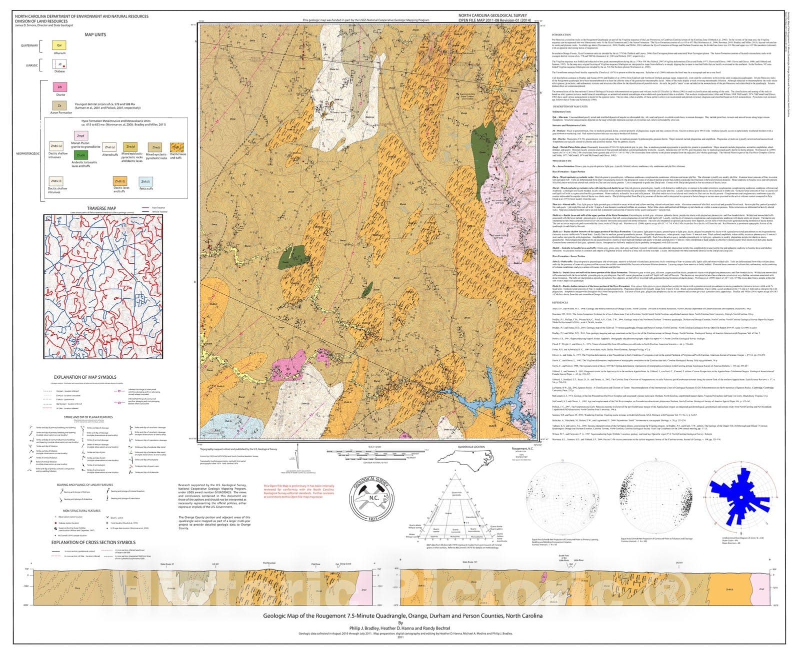 Map : Geologic map of the Rougemont 7.5-minute quadrangle, Orange, Durham and Person Counties, North Carolina, 2011 Cartography Wall Art :