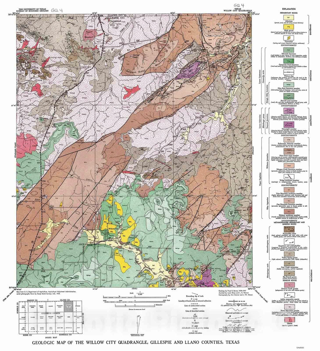 Map : Geologic map of the Willow City quadrangle, Gillespie and Llano counties, Texas, 1952 Cartography Wall Art :