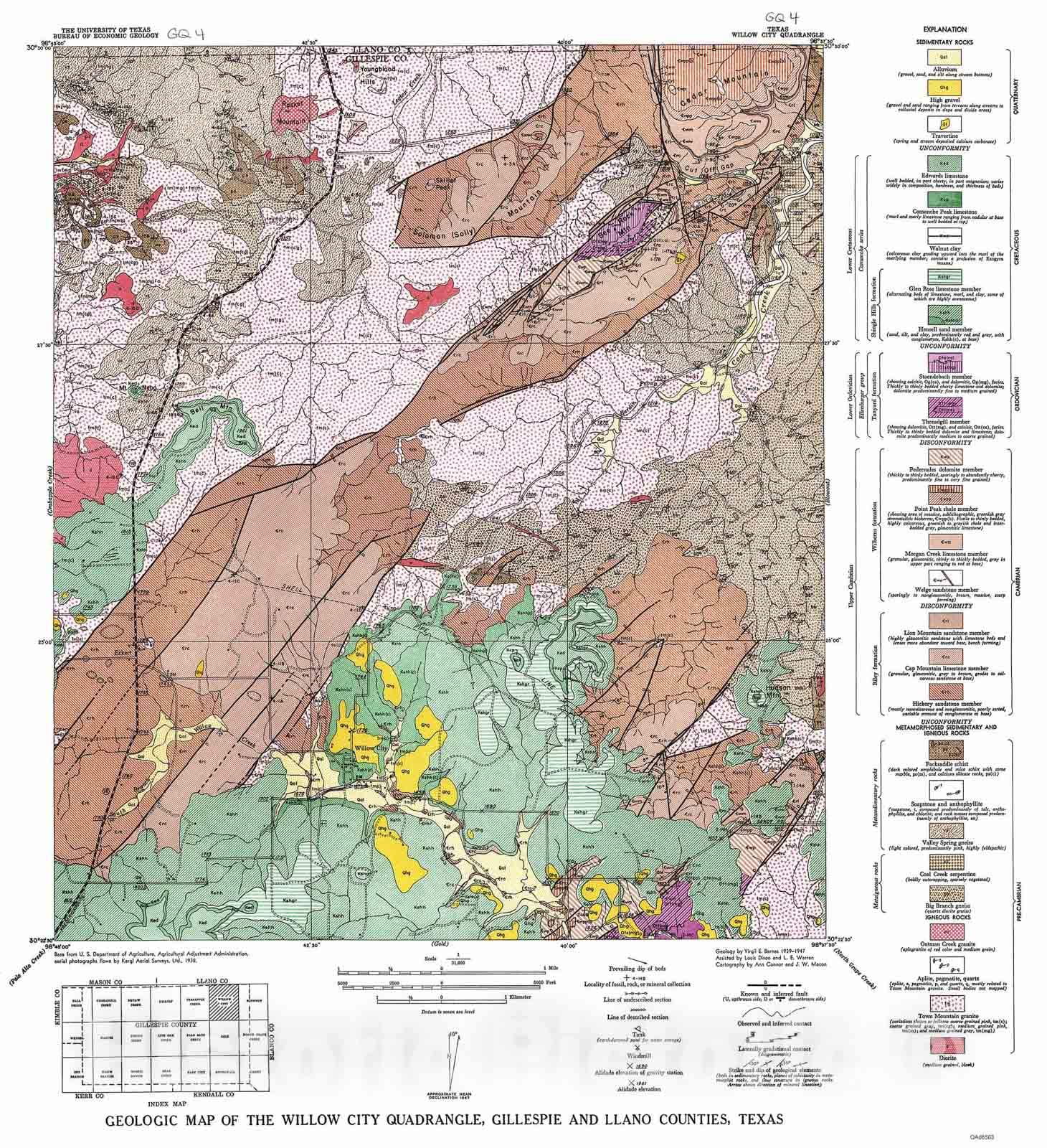 Map : Geologic map of the Willow City quadrangle, Gillespie and Llano counties, Texas, 1952 Cartography Wall Art :